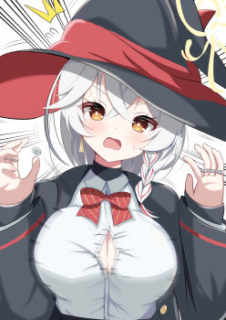 1girl :o absurdres black_hat black_jacket blue_archive blush bow bowtie braid breasts brown_eyes bursting_breasts button_gap collared_shirt crossed_bangs dot_nose earrings emphasis_lines eri_(blue_archive) flying_sweatdrops gu_abm hair_between_eyes halo hands_up hat hat_bow highres huge_breasts jacket jewelry long_hair multicolored_eyes multicolored_hair multiple_rings nervous_sweating open_clothes open_jacket orange_eyes panicking popped_button red_bow red_bowtie red_hair ring shirt side_braid sidelocks solo streaked_hair striped_bow striped_bowtie striped_clothes sweat triangle_earrings two-sided_fabric two-sided_headwear upper_body white_hair white_shirt witch witch_hat yellow_halo