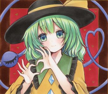 Rule 34 | 1girl, black hat, bow, buttons, closed mouth, collared shirt, commentary, diamond button, eyeball, four-finger heart hands, frilled shirt collar, frilled sleeves, frills, green eyes, green hair, hat, hat bow, heart, heart hands, heart of string, highres, komeiji koishi, long sleeves, looking at viewer, shirt, smile, solo, third eye, touhou, untranslatable commentary, wide sleeves, yellow bow, yellow shirt, yuuki hana (jtnp5334)