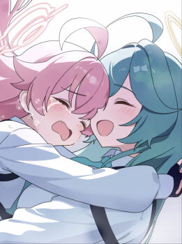 2girls ahoge aqua_hair aqua_necktie backlighting black_gloves blue_archive blush breasts chest_harness closed_eyes collared_shirt crying double-parted_bangs fang fingerless_gloves flying_teardrops gloves hair_intakes halo harness highres hoshino_(blue_archive) hug large_breasts long_hair long_sleeves multiple_girls necktie open_mouth pink_hair pink_halo puffy_long_sleeves puffy_sleeves shirt smile streaming_tears tears vector_(dmlddmld00) white_background white_shirt yellow_halo yume_(blue_archive)