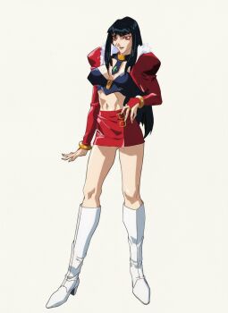 1990s_(style) 1996 1girl belt_buckle black_hair boots bracelet buckle high_heel_boots high_heels jacket jewelry kubira_(gowcaizer) kyubira lipstick makeup miniskirt navel navel_piercing official_art oobari_masami piercing red_eyes red_jacket retro_artstyle shiny_clothes skirt white_boots