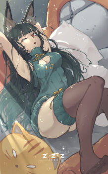 1girl absurdres alternate_costume animal_ear_fluff animal_ears armpits arms_up artist_name black_hair breast_cutout breasts brown_thighhighs cat clothing_cutout commentary copyright_name dress english_commentary fox_ears fox_girl green_sweater highres hoshimi_miyabi jekz light_rays long_hair looking_to_the_side lying medium_breasts on_back one_eye_closed open_mouth orange_cat pillow red_eyes ribbed_sweater sleeveless sleeveless_sweater solo stretching sweater sweater_dress thighhighs zenless_zone_zero