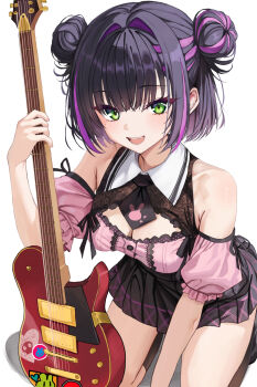 1girl :d absurdres animal_print armpit_crease bare_shoulders black_hair black_necktie black_skirt black_socks blush breasts cleavage cleavage_cutout clothing_cutout commentary detached_sleeves double_bun eyelashes fang frilled_sleeves frills green_eyes guitar hair_between_eyes hair_bun hair_intakes hand_up happy highres holding holding_guitar holding_instrument instrument jirai_kei junyongkim9 kneehighs kneeling knees_out_of_frame leaning_forward limelight_lemonade_jam looking_at_viewer medium_breasts medium_hair miniskirt multicolored_hair nabari_anju necktie open_mouth pleated_skirt print_necktie purple_hair rabbit_print short_necktie short_sleeves simple_background skirt smile socks solo streaked_hair teeth tsurime two-tone_hair white_background