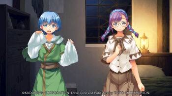 1boy 1girl asymmetrical_bangs atelier-moo bed blue_eyes blue_hair braid breasts brown_ribbon brown_skirt cheryl_christia chest_of_drawers christpher_cross clenched_hand closed_mouth company_name copyright_notice cowboy_shot game_cg glasses green_robe grey_eyes hair_between_eyes hairband hand_on_own_chest hands_up hooded_robe indoors lamp large_variant_set layered_sleeves long_hair long_sleeves looking_at_viewer loose_clothes low_twin_braids medium_breasts night non-web_source official_art open_mouth oversized_clothes pillow purple_hair ribbon robe sash school_uniform shirt short_hair short_over_long_sleeves short_sleeves side-by-side skirt sleeves_past_fingers sleeves_past_wrists smile standing tareme twin_braids variant_set white_shirt window yuukyuu_gensoukyoku yuukyuu_gensoukyoku_revival