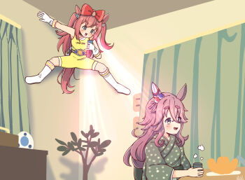 2girls :d agnes_digital_(umamusume) alsok animal_ears blue_eyes bodysuit boots bow brown_hair cellphone clothes_writing commentary cup curtains gloves green_kimono hair_between_eyes hair_bow highres holding holding_cup holding_phone horse_ears horse_girl horse_tail indoors japanese_clothes kimono knee_boots long_hair multiple_girls obi on_wall open_mouth phone pink_hair rakugakiraid red_bow sash smile tail thick_eyebrows two_side_up umamusume v-shaped_eyebrows very_long_hair white_boots white_gloves wonder_acute_(umamusume) yellow_bodysuit yunomi