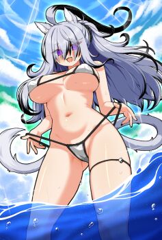 1girl ahoge animal_ears bikini bikini_bottom_pull black_hair blue_sky blush borrowed_character breasts cameltoe cleavage cloud commentary_request covered_erect_nipples day eyes_visible_through_hair gluteal_fold goushu grey_hair hair_between_eyes halterneck highleg highleg_bikini highres large_breasts lens_flare long_hair looking_at_viewer micro_bikini multicolored_hair nail_polish navel open_mouth original outdoors partially_underwater_shot ponytail purple_eyes short_eyebrows skindentation sky solo standing string_bikini swimsuit tail tapir_ears tapir_girl tapir_tail thigh_strap two-tone_hair wading water wet white_bikini