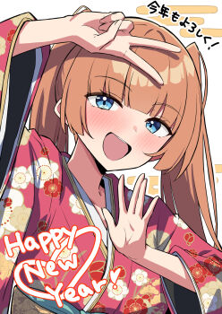 1girl :d amenocchi blue_eyes blush commentary_request floral_print floral_print_kimono hand_up highres japanese_clothes kimono long_hair long_sleeves looking_at_viewer new_year open_mouth orange_hair original print_kimono red_kimono smile translation_request twintails upper_body v wide_sleeves