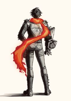 1boy ass boots clothes_writing commentary_request fire from_behind greyscale gts_mmnn highres lighter_(zenless_zone_zero) long_sleeves male_focus monochrome pants red_scarf scarf simple_background solo spiked_jacket spikes spot_color zenless_zone_zero
