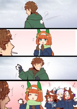 Rule 34 | animal ears, aqua bow, blue eyes, blunt bangs, blush, bow, brown hair, ear bow, ear covers, ear flower, ear ornament, ear ribbon, green eyes, hair between eyes, hair ornament, hairband, high ponytail, highres, hime cut, horse ears, horse girl, horse tail, long hair, long sleeves, mejiro mcqueen (umamusume), multicolored hair, multiple girls, open mouth, orange hair, orange tail, ponytail, purple hair, scarf, shirt, silence suzuka (umamusume), smile, snowball, special week (umamusume), streaked hair, tail, team spica's trainer, tokai teio (umamusume), trainer (umamusume), two-tone hair, umamusume, white hair, white hairband, yonedatomo mizu