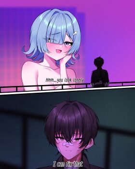 1boy 1girl :d absurdres ahoge arrow_hair_ornament bandaid bandaid_on_cheek bandaid_on_face bandaid_on_nose bare_shoulders black_hair black_jacket blade_runner_(series) blade_runner_2049 blue_eyes blue_hair blush commentary crossed_bangs dirty dirty_face empty_eyes english_commentary english_text eyes_visible_through_hair facial_scar flipped_hair furrowed_brow gekhuay hair_between_eyes hair_intakes hair_ornament hair_over_one_eye hand_on_own_cheek hand_on_own_face highres i.r.i.s._(wuthering_waves) jacket looking_at_viewer male_rover_(wuthering_waves) meme narrowed_eyes nose_blush nude one_eye_covered open_mouth rover_(wuthering_waves) scar scar_on_cheek scar_on_face short_hair smile subtitled trait_connection upturned_eyes wuthering_waves yellow_eyes you_look_lonely_(meme)