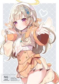 1girl blonde_hair blush border closed_mouth commentary_request cropped_jacket facial_mark hair_ornament halo hat heart highres jacket komori_met komori_met_(7th_costume) looking_at_viewer open_clothes open_jacket orange_shoes outline outside_border purple_eyes shirt shoes solo virtual_youtuber vspo! watermark white_border white_hat white_outline white_shirt yukijirushi_e