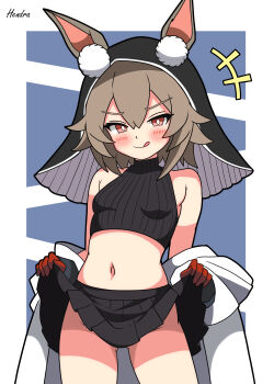 +++ 1girl absurdres animal_ears arknights bare_shoulders black_skirt breasts brown_hair caper_(arknights) clothes_lift crop_top gloves gluteal_fold hendra highres lifting_own_clothes looking_at_viewer navel rabbit_ears skirt skirt_lift sleeveless small_breasts solo tongue tongue_out