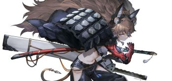 1girl akefumi animal_ear_fluff animal_ear_hairband animal_ears armor big_hair black_pants braid breasts brown_hair clothing_cutout crop_top drawing_sword expressionless eyepatch fake_animal_ears fighting_stance hairband headgear holding holding_sword holding_weapon jacket lion_ears lion_girl midriff multiple_swords navel original pants prosthesis prosthetic_arm purple_eyes scabbard sheath shoulder_armor simple_background small_breasts solo sword tail weapon