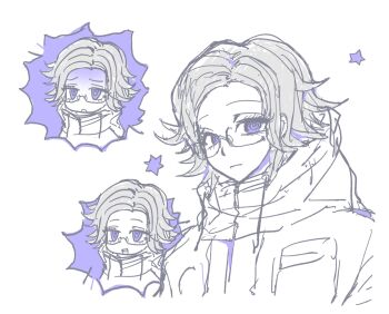 aotsuki_eito blue_background blue_eyes closed_mouth eyebrows eyelashes glasses highres hood limited_palette looking_at_viewer multiple_views open_mouth parted_lips sketch star_(symbol) the_hundred_line_-last_defense_academy- white_background