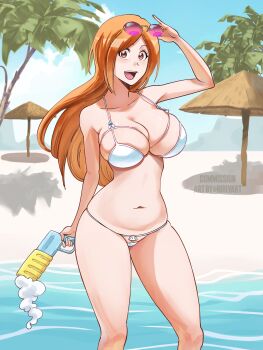 1girl absurdres bare_arms bare_shoulders beach beach_umbrella belly bikini bleach bleach:_epilogue blush breasts cleavage collarbone commentary commission english_commentary eyewear_on_head feet_out_of_frame halterneck hand_up highres holding holding_removed_eyewear holding_water_gun inoue_orihime large_breasts long_hair looking_at_viewer navel ocean official_alternate_costume open_mouth orange_eyes orange_hair palm_leaf palm_tree pink-framed_eyewear revealing_clothes ririvart sand skindentation solo standing stomach string_bikini sunglasses swimsuit teeth thighs tree umbrella unworn_eyewear upper_teeth_only water water_gun white_bikini