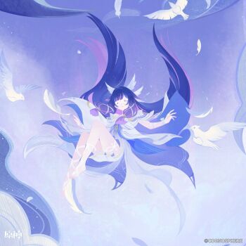 1girl bare_shoulders barefoot black_hair closed_eyes closed_mouth columbina_(genshin_impact) commentary_request dress eye_mask falling feathers feet genshin_impact head_wings highres long_hair mask multicolored_hair official_art pink_hair short_dress streaked_hair toes two-tone_hair very_long_hair white_dress white_wings wings