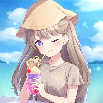 1girl ;) blue_sky blush breasts brown_hair brown_shirt cherry closed_mouth cloud commentary_request crazy_straw drinking_straw food fruit fujishima_megumi hanazora_satsuki hat heart_straw holding holding_drinking_straw ice_cream ice_cream_float link!_like!_love_live! long_hair looking_at_viewer love_live! medium_breasts one_eye_closed print_shirt profile_picture purple_eyes second-party_source shirt short_sleeves sky smile solo split_mouth two_side_up upper_body virtual_youtuber yellow_hat