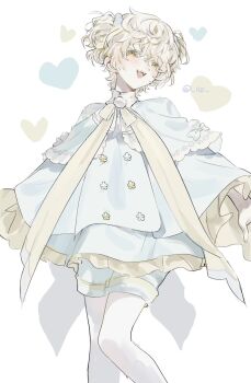 1boy absurdres androgynous blonde_hair blue_bow blue_capelet blue_coat blue_shorts bow buttons capelet chinese_commentary coat collared_coat commentary_request cowboy_shot fragaria_memories frilled_coat frills heart heart_button highres leqing68425 long_sleeves male_focus myunna_(fragaria_memories) open_mouth pantyhose ribbon short_hair short_twintails shorts simple_background solo twintails white_background white_pantyhose wide_sleeves yellow_eyes yellow_ribbon yellow_trim