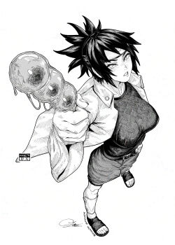 1girl absurdres artist_name chuckuddin commentary crosshatching dango english_commentary food from_above greyscale hand_on_own_hip hatching_(texture) headband highres holding holding_food konohagakure_symbol mitarashi_anko monochrome naruto_(series) signature simple_background solo toes twitch_logo twitter_username wagashi white_background