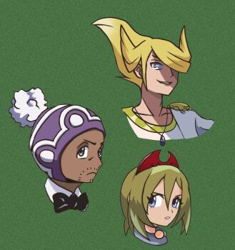 1girl 2boys black_bow black_bowtie blonde_hair blue_eyes bow bowtie collarbone commentary_request dark-skinned_male dark_skin eyelashes facial_hair green_background grey_eyes grin hair_between_eyes hairband hat irida_(pokemon) jewelry looking_to_the_side multiple_boys neck_ring nintendo pointy_hair pokemon pokemon_legends:_arceus professor_laventon purple_hat red_hairband shirt smile stubble teeth volo_(pokemon) white_shirt yumori565969
