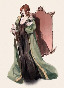 1girl black_dress chappell_roan chappell_roan_(person) cheseely closed_mouth coat commentary cross cross_necklace dress english_commentary full_body green_coat half_updo highres holding holding_sword holding_weapon jewelry long_coat long_hair mirror necklace red_hair sword weapon