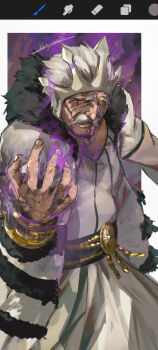 Rule 34 | 1boy, abstract background, art program in frame, baraggan louisenbairn, black fur, black wrist cuffs, blank eyes, bleach, border, bracelet, chain, coat, crown, dark-skinned male, dark skin, energy, espada, facial hair, fur-trimmed coat, fur trim, gold bracelet, gold chain, gold medal, hair slicked back, hakama, heterochromia, highres, ikuyoan, japanese clothes, jewelry, looking at viewer, male focus, mature male, medallion, mustache, old, old man, outside border, parted lips, purple background, purple energy, scar, scar across eye, scar on face, short hair, short sleeves, signature, solo, striped coat, sunken cheeks, twitter username, vertical-striped coat, white border, white coat, white crown, white hair, white hakama, wrinkled skin, wrist cuffs, yellow eyes