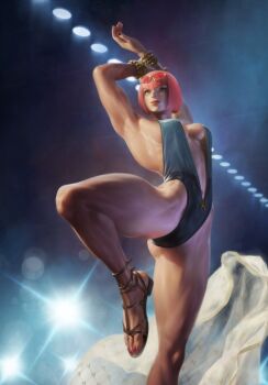 Rule 34 | 1girl, armpits, arms up, ass, bare legs, bob cut, bracelet, breasts, camera flash, catwalk (modeling), cleavage, commentary, english commentary, eyewear on head, formtheheadcom, gluteal fold, highleg, highleg one-piece swimsuit, highres, jewelry, knee up, manon legrand, muscular, muscular female, official alternate costume, official alternate hairstyle, one-piece swimsuit, pink hair, sandals, solo, spotlight, street fighter, street fighter 6, sunglasses, swimsuit, toned, toned female