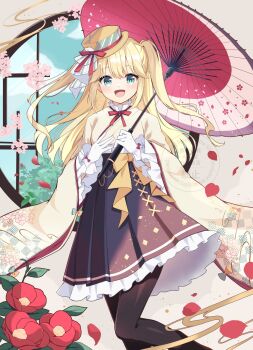 Rule 34 | 1girl, :d, aisu (i ce pinon pino), black pantyhose, black skirt, blonde hair, blue eyes, blush, bow, breasts, cherry blossoms, commentary request, commission, floral print, flower, frills, gloves, hat, highres, holding, holding umbrella, japanese clothes, kimono, leaf, long hair, long sleeves, looking at viewer, oil-paper umbrella, open mouth, original, pantyhose, petals, red flower, sidelocks, skeb commission, skirt, smile, solo, two side up, umbrella, white gloves, wide sleeves, window