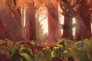 Rule 34 | 1other, autumn, blue cloak, blurry, bush, cloak, depth of field, falling leaves, fern, forest, hood, hood up, landscape, leaf, leaping hare press, light rays, mini person, nature, outdoors, scenery, solo, tree, zandra