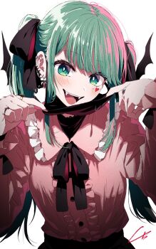 1girl 4b-enpitsu aqua_eyes aqua_hair black_mask black_ribbon center_frills commentary ear_piercing earrings facial_mark fangs frills hair_ribbon hatsune_miku heart heart_facial_mark highres jewelry jirai_kei linked_piercing long_hair long_sleeves looking_at_viewer mask mouth_mask multiple_rings neck_ribbon open_mouth piercing pink_hair pink_shirt ribbon ring shirt simple_background solo teeth twintails upper_body vampire_(vocaloid) vocaloid white_background wings