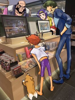 Rule 34 | absurdres, barefoot, cowboy bebop, dog, edward wong hau pepelu tivrusky iv, ein (cowboy bebop), faye valentine, figure, green hair, hairband, hands in pockets, happy, highres, jet black, orange hair, photo (medium), prosthesis, prosthetic arm, scar, scar across eye, scar on face, spike spiegel, standing, tobalin, welsh corgi, yellow hairband