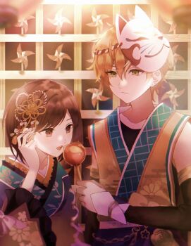 Rule 34 | 1boy, 1girl, bare shoulders, brown hair, candy, candy apple, food, green eyes, hand up, highres, holding, holding candy, holding candy apple, holding food, looking at another, mask, mask on head, open mouth, project sekai, shinonome akito, shinonome ena, siblings, summer festival, user ahcm4355