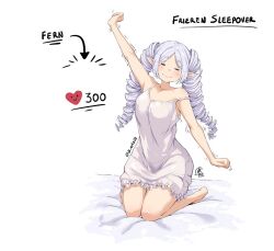 Rule 34 | 1girl, barefoot, bed, breasts, closed eyes, drill hair, elf, frieren, heart, jk arts, kneeling, lingerie, long hair, meme, negligee, nightgown, pointy ears, signature, sleepy, sousou no frieren, strap slip, stretching, twin drills, twintails, twitter strip game (meme), twitter username, underwear, white hair, white negligee