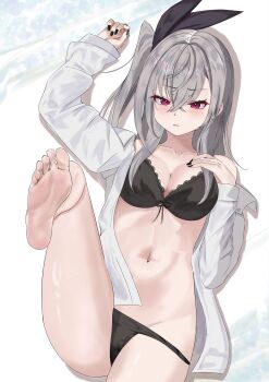 1girl barefoot blush bra feet grey_hair highres hololive isaki_riona isanaisana long_hair looking_at_viewer panties parted_lips red_eyes side_ponytail soles toes underwear