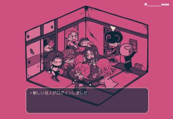 6+boys afro angry battle_tendency belt birthmark bow chibi chibi_only commentary_request crack diamond_wa_kudakenai diavolo diego_brando dinosaur_tail dio_brando door doorway earrings enrico_pucci fake_screenshot formal_clothes funny_valentine gloves hat helmet highres holding horns indoors isometric jewelry joestar_birthmark jojo_no_kimyou_na_bouken jojolion kars_(jojo) kira_yoshikage locacaca loincloth long_coat long_hair monochrome multiple_boys pants pelvic_curtain phantom_blood photo_(object) pink_theme reverse_suspended_congress scary_monsters_(stand) sex_from_behind shaded_face short_hair sitting sliding_doors smile stardust_crusaders steel_ball_run stone_ocean suit sweatdrop table tail tooru_(jojolion) topless_male translation_request two-tone_pants vento_aureo walking wao