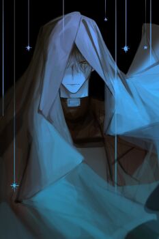 Rule 34 | 1boy, :|, absurdres, belt collar, black hair, cloak, closed mouth, collar, hayu beck, highres, hood, hood up, hooded cloak, looking at viewer, male focus, omniscient reader's viewpoint, one eye covered, scar, scar across eye, scar on face, secretive plotter, serious, short hair, solo, star (symbol), yellow eyes, yoo joonghyuk