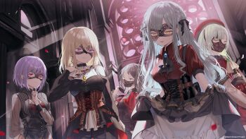 5girls :3 amoris_(bang_dream!) ascot ave_mujica_(bang_dream!) bang_dream! bang_dream!_it&#039;s_mygo!!!!! beret black_ascot black_corset black_gloves black_hair black_mask black_ribbon black_shirt blonde_hair blue_hair breasts brooch brown_corset church commentary_request corset doloris_(bang_dream!) earrings finger_to_own_chin gloves green_eyes green_hair guest_art hair_ribbon half_gloves hand_up hat highres index_finger_raised indoors jewelry long_hair long_sleeves looking_at_viewer mask masquerade_mask medium_breasts medium_hair misumi_uika mortis_(bang_dream!) mortis_(costume)_(bang_dream!) mouth_mask multiple_girls official_art parted_lips purple_eyes purple_hair red_eyes red_headwear red_shirt ribbon second-party_source see-through_clothes see-through_sleeves shirt short_hair short_sleeves skirt_hold sunlight timoris_(bang_dream!) togawa_sakiko two_side_up wakaba_mutsumi white_ascot y_o_u_k_a yahata_umiri yellow_eyes yuutenji_nyamu
