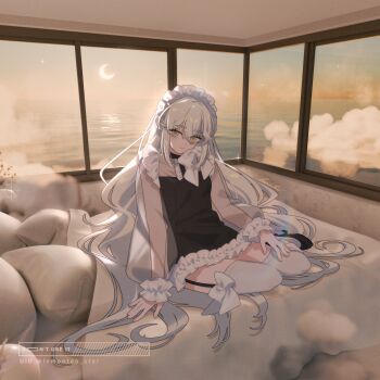 1girl 3d 3d_background bed black_dress bow commentary crescent_moon dress english_commentary fog garter_straps hand_on_own_thigh head_tilt high_heels highres lace_trim lemontea long_hair long_sleeves looking_to_the_side maid_headdress mistee_(lemontea) mixed_media moon ocean on_bed original pillow puffy_long_sleeves puffy_sleeves see-through_clothes see-through_sleeves short_dress sitting smile solo star_(sky) thighhighs very_long_hair wavy_hair white_hair window yellow_eyes yokozuwari