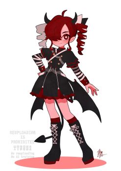 1girl ahoge alternate_color boots bow buttons chest_harness commentary_request cropped_jacket demon_girl demon_horns demon_tail demon_wings double-breasted drill_hair full_body hair_bow hair_over_one_eye hair_ribbon hand_on_own_hip harness highres horns kasane_teto kasane_teto_(sv) lace-up_boots long_sleeves looking_at_viewer low_wings pointy_ears red_eyes red_hair ribbon signature skirt smile socks solo striped_sleeves synthesizer_v tail twin_drills utau watermark wings yorita_genyu