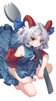 1girl banjie barefoot blue_dress chinese_commentary commentary_request curly_hair dress earrings grey_hair grin highres horn_ornament horn_ribbon horns jewelry looking_at_viewer meandros medium_hair oversized_object patterned_clothing pointy_ears red_eyes red_horns red_sleeves ribbon sharp_teeth sheep_horns simple_background smile solo spork teeth toes touhou toutetsu_yuuma white_background