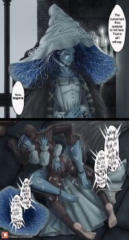 1boy 1girl absurdres ass bald blue_eyes blue_skin clothed_female_nude_male clothed_sex collared_shirt colored_skin dark-skinned_male dark_skin elden_ring english_text extra_arms fromsoftware grabbing_another&#039;s_ass groping hat hetero highres iiimp interracial looking_at_viewer lying lying_on_person missionary muscular muscular_male nude on_person ranni_the_witch sex shirt speech_bubble tarnished_(elden_ring) testicles witch witch_hat