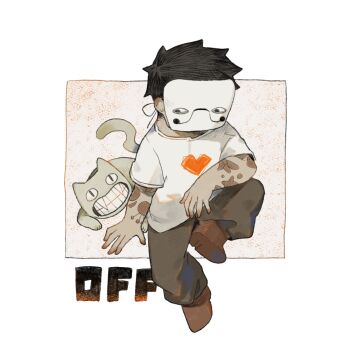 Rule 34 | <|> <|>, 1boy, animal, arm tattoo, black hair, black pants, brown shoes, cat, commentary, copyright name, crew neck, elbow on knee, english commentary, grin, heart, male focus, mask, nibiiro xx, off (game), pants, shirt, shoes, short hair, short sleeves, sitting, smile, tattoo, teeth, valerie (off), white shirt, zacharie (off)