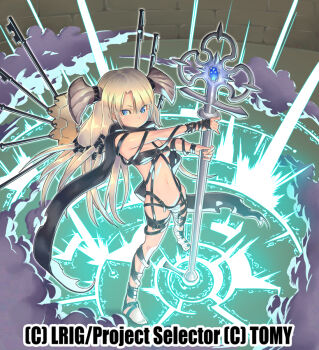 1girl black_scarf blonde_hair blue_eyes breasts closed_mouth commentary_request copyright_notice holding holding_staff ishibashi_yosuke long_hair looking_at_viewer navel official_art revealing_clothes scarf small_breasts solo staff two_side_up umr_(wixoss) wixoss