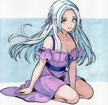1girl absurdres alternate_costume breasts cleavage edelgard_von_hresvelg fire_emblem fire_emblem:_three_houses hair_ribbon highres long_hair looking_at_viewer medium_breasts nekomoni nintendo purple_eyes purple_ribbon ribbon white_hair