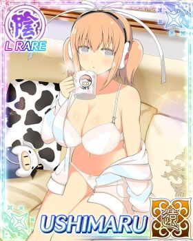 1girl animal_print border bow bow_panties bra breasts bright_pupils bucket card_(medium) character_doll character_name cleavage couch cow cow_print cup doll drinking game_cg grey_eyes groin hair_ribbon headphones hood hoodie large_breasts looking_at_viewer medium_hair mug navel official_art open_clothes open_hoodie orange_hair panties pillow print_pillow ribbon senran_kagura senran_kagura_new_wave short_twintails sitting solo striped_clothes striped_hoodie third-party_source twintails underwear ushimaru_(senran_kagura) ushiwakamaru_(senran_kagura) white_bra white_panties white_pupils white_ribbon