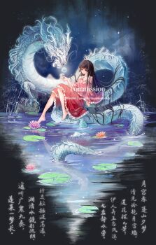 1girl 80isiiii :| absurdres artist_name bare_legs barefoot black_hair bow bowtie chinese_commentary chinese_text closed_mouth commentary commission contrast_collar dragon eastern_dragon expressionless floating floating_object flower frilled_sailor_collar frilled_sleeves frills highres houraisan_kaguya long_hair long_sleeves looking_at_object lotus outdoors pink_shirt red_skirt reflection reflective_liquid refraction sailor_collar shirt sitting_on_animal skirt straight_hair touhou translation_request very_long_hair watermark white_bow white_bowtie white_sailor_collar wide_sleeves