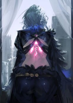 Rule 34 | 1girl, absurdres, ass, back, back tattoo, black jacket, black pants, commentary, cropped jacket, english commentary, feathered wings, galbrena (wuthering waves), grey hair, highres, jacket, lewdlily66, medium hair, pants, single wing, solo, tattoo, wings, wuthering waves