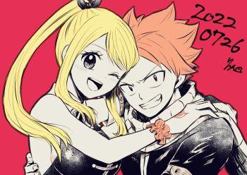1boy 1girl arm_around_back arms_around_neck black_ribbon black_shirt blonde_hair blush breasts dated fairy_tail furrowed_brow grin hair_ribbon highres long_hair lucy_heartfilia medium_breasts natsu_dragneel one_eye_closed open_mouth orange_hair parted_bangs pink_background ponytail ribbon scarf scrunchie shirt short_hair sideboob signature smile spiked_hair swept_bangs teeth upper_body white0310score wrist_scrunchie