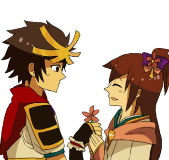 armor brown_eyes brown_hair closed_eyes flower giving_flower hair_ribbon hero_(pokemon_conquest) nintendo oichi_(pokemon_conquest) oichi_(sengoku_musou) pokemon pokemon_conquest ponytail ribbon scarf sengoku_musou smile white_background