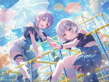 2girls bang_dream! bang_dream!_it's_mygo!!!!! black_shirt blue_eyes blush closed_mouth clothing_cutout cloud crop_top day earrings hair_ornament hairclip heterochromia holding holding_umbrella jewelry kaname_raana matching_outfits multiple_girls official_art open_mouth outdoors pink_eyes purple_hair raana_the_cat rain shirt short_hair shoulder_cutout teruterubouzu thigh_strap third-party_source umbrella white_hair yellow_eyes yuutenji_nyamu