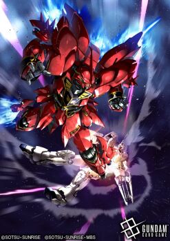 battle commentary_request company_name copyright_logo copyright_name copyright_notice green_eyes green_hair gundam gundam_card_game gundam_unicorn holding holding_shield horns humanoid_robot kicking logo mobile_suit no_humans official_art one-eyed robot sakusakusakurai science_fiction shield sinanju single_horn space unicorn_gundam